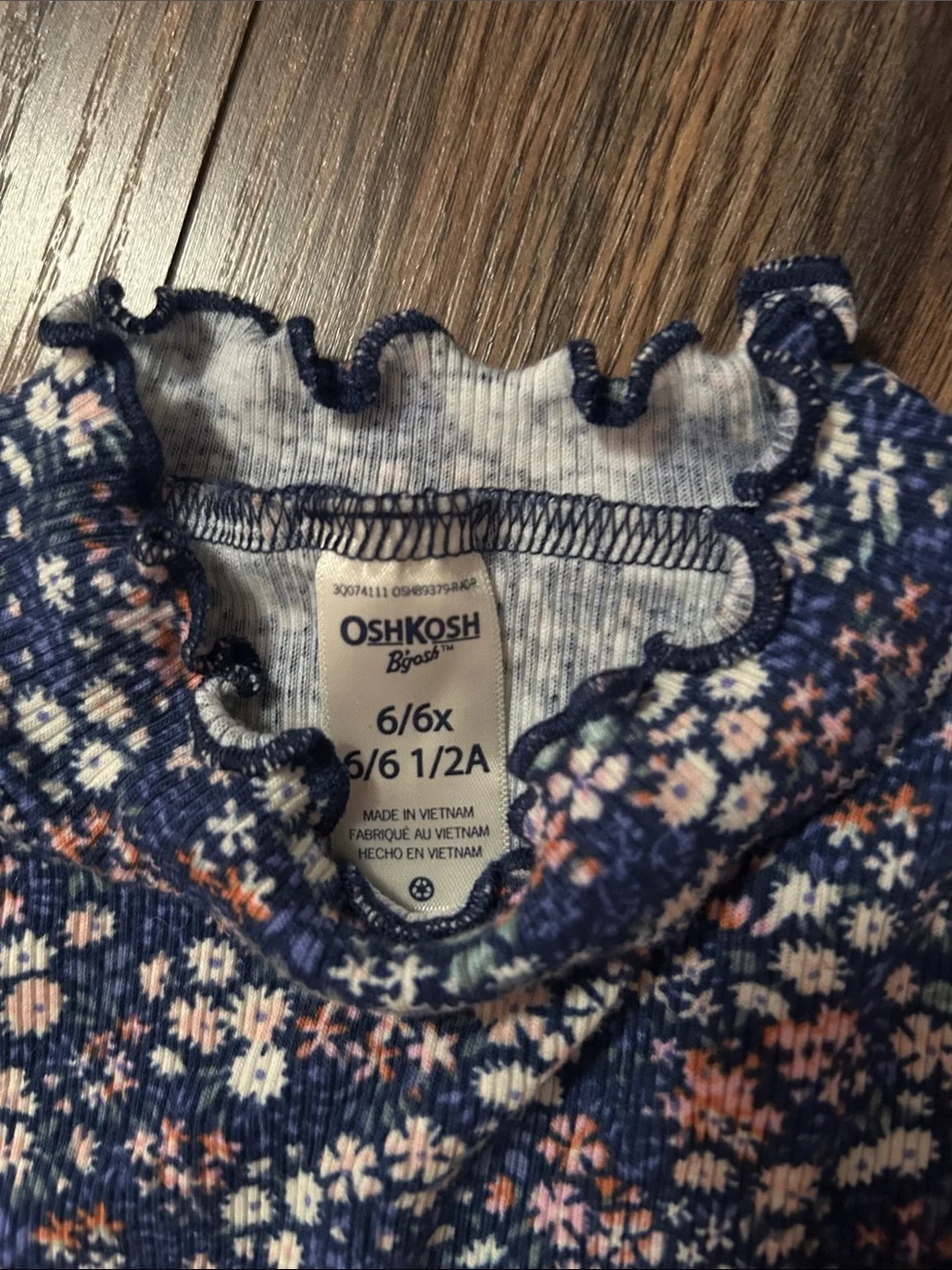 OshKosh B'gosh Girls' Long Sleeve Floral Navy and Pink Stripe Mock Neck Tops